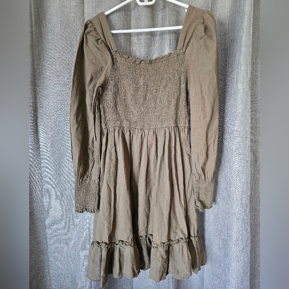 Zexxxy Smocked Square Neck Puff Sleeve Mid Length Dress Green Size M Linen Blend - Picture 1 of 5